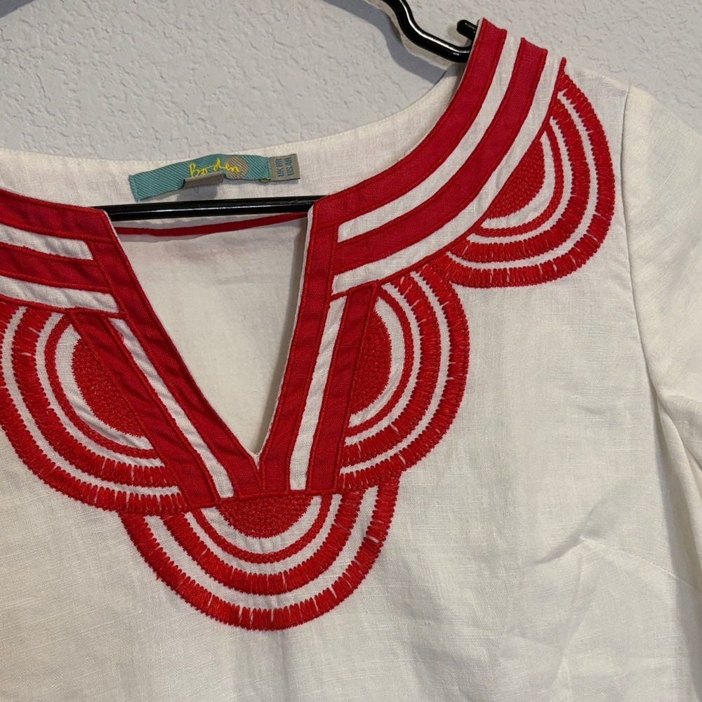 Boden White Mini Shift Dress with pink Embroidered Neckline Detail 4 - Picture 4 of 6